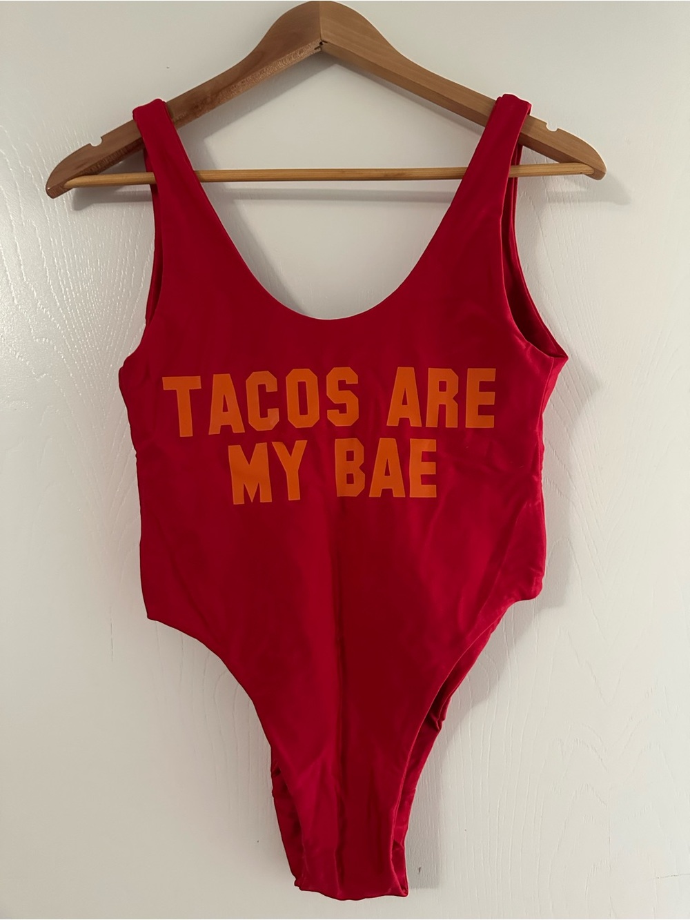 Red One-Piece Swimsuit with 'TACOS ARE MY BAE' Print